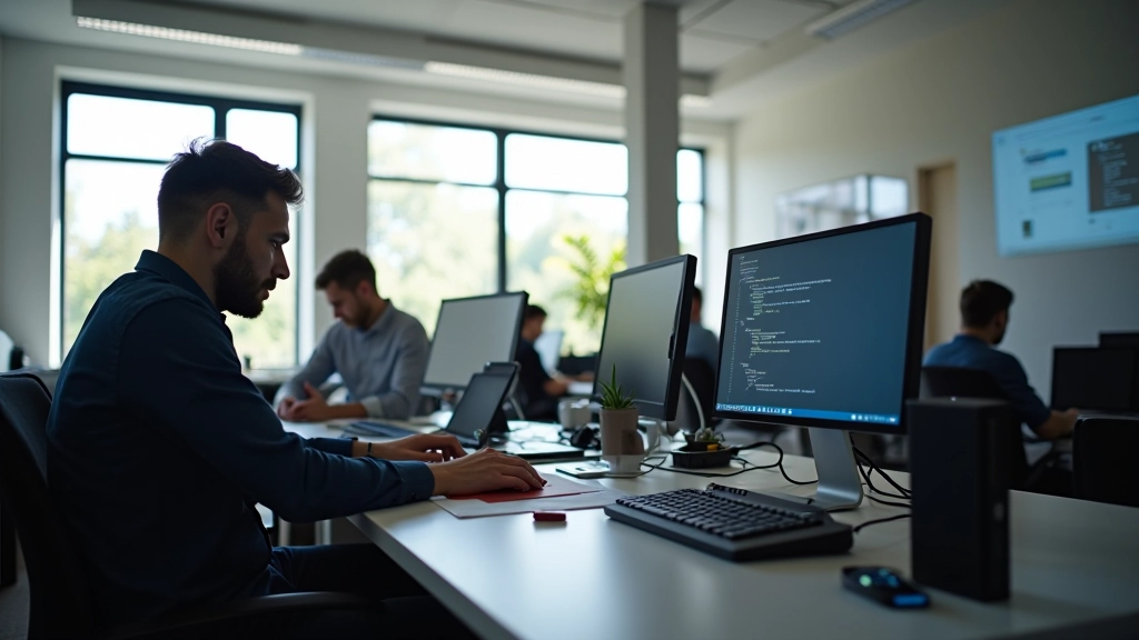 Mūsdienīgs birojā ar programmētājiem pie datora strādājošiem atvērtā koda projektiem