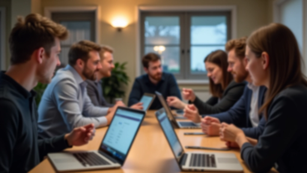 Tech konferences vai meetup pasākuma telpa ar programmētājiem, kas diskutē un sēž ap galdu ar laptopiem